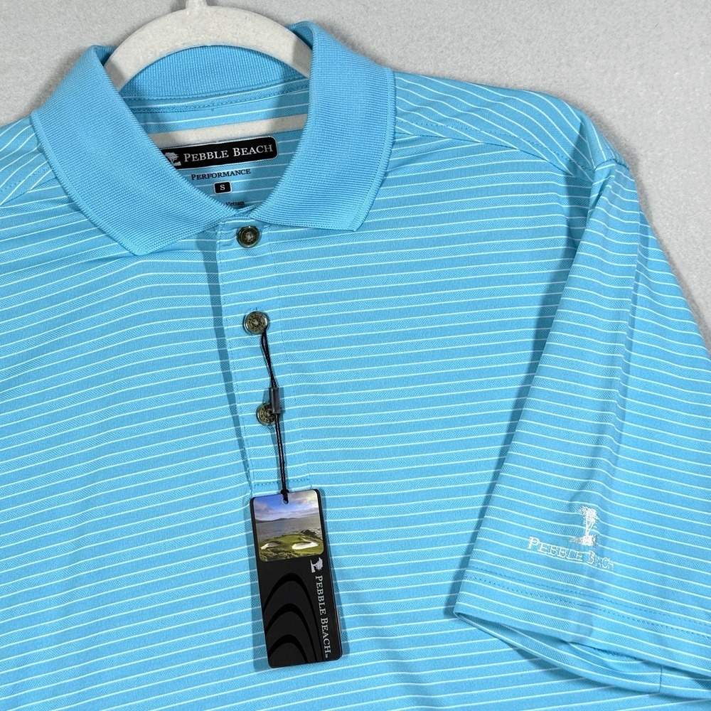Pebble Beach Polo Shirt Mens Small Performance Embroidered Logo Blue Striped NWT